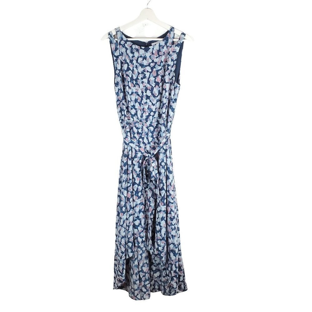H by Halston 12 Midi Dress Blue pink Sleeveless Tie Waist High‎ low hem Back Zip